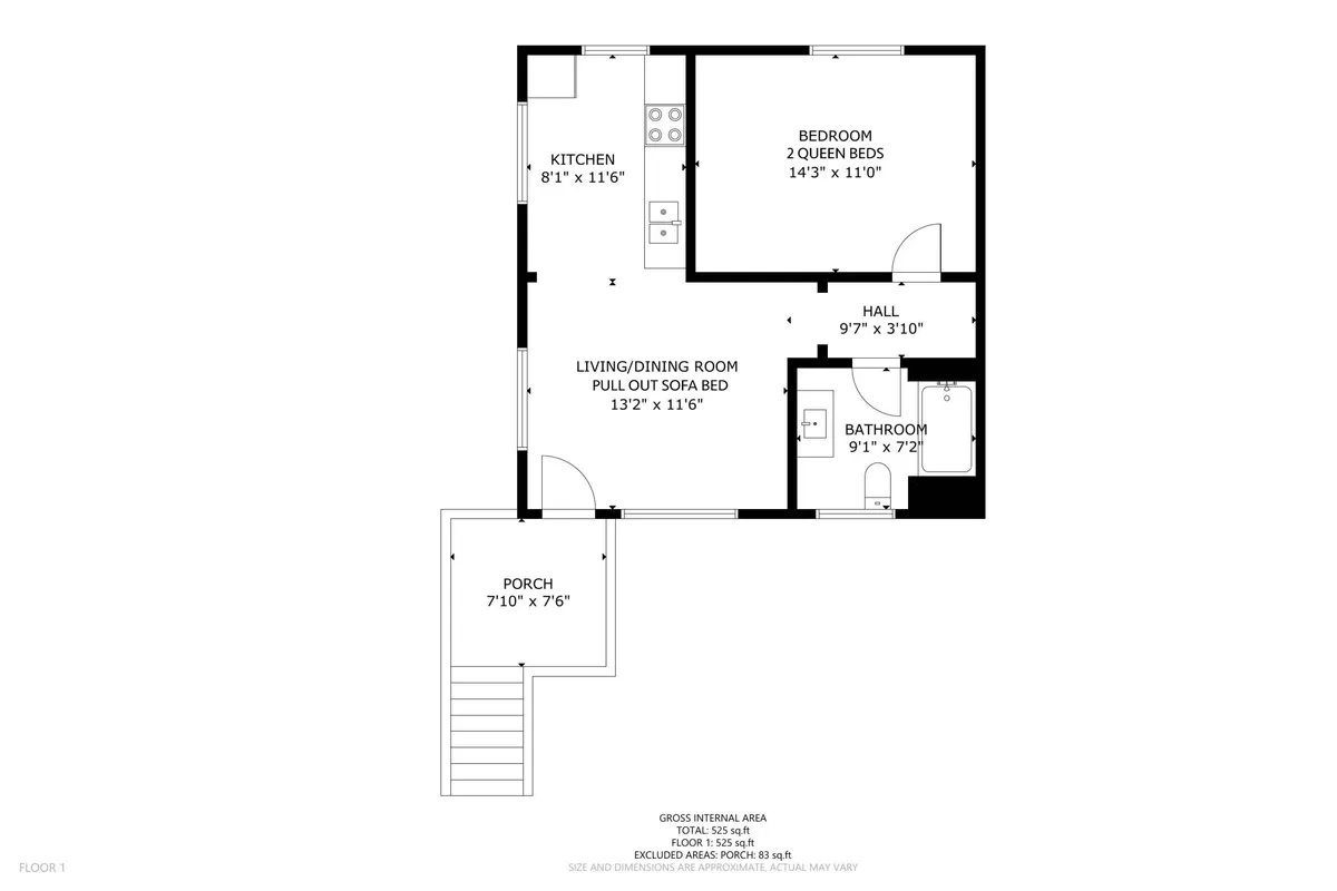 A warm and comfortable interior scene of a cottage, showing the kitchen, living/dining room, bedroom, bathroom, and porch. The open layout is inviting and makes it easy for guests to keep an eye on their pet while enjoying time indoors. The porch provides a transition space for quick outdoor breaks.